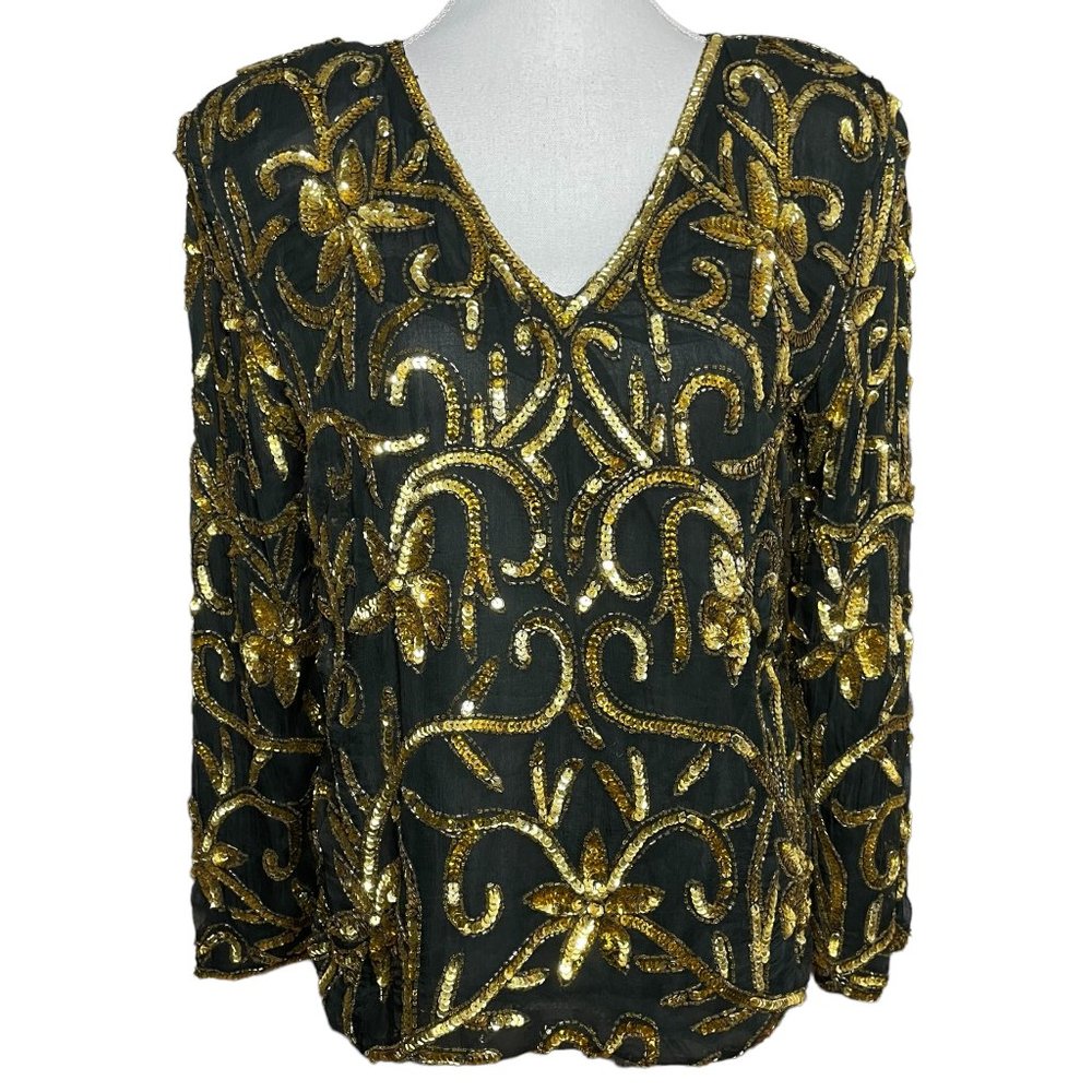 Silk Sequin Floral Blouse L Gold Black Joseph Le Bon France V-Neck Top
